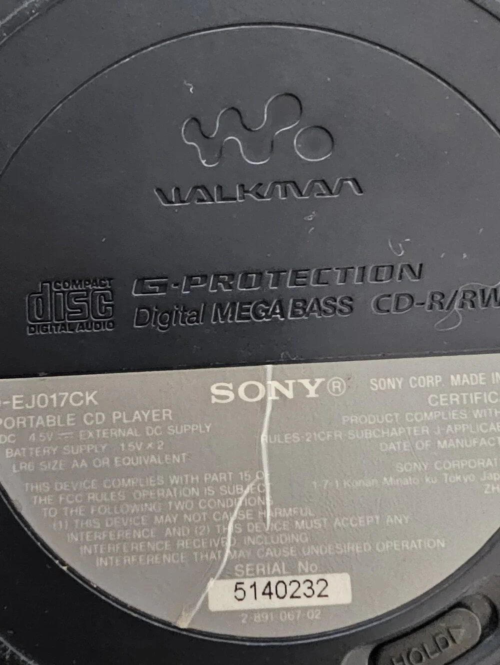 Sony Walkman CD Player D-EJ017CK Black FOR PARTS/REPAIR Doesn’t Read Discs